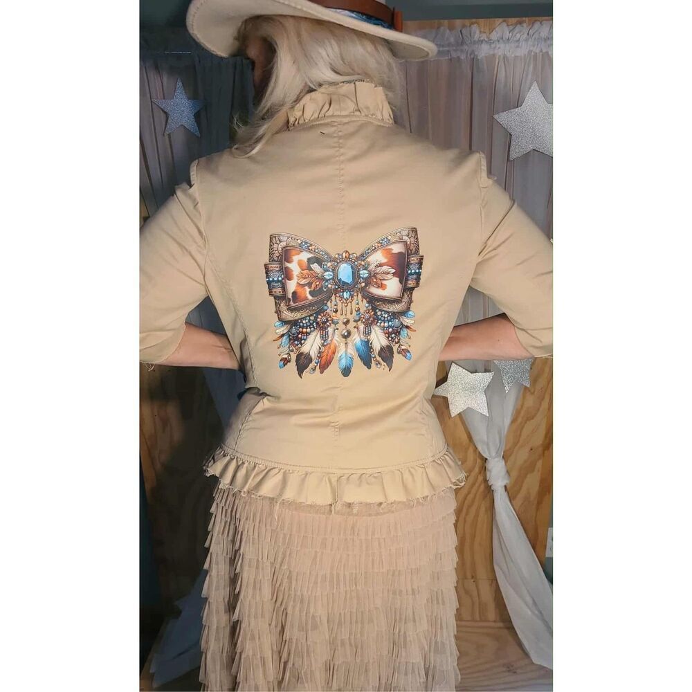 Feelin Groovy Upcycled Tan Turquoise Western Jacket Large Ruffles Tassels Bow